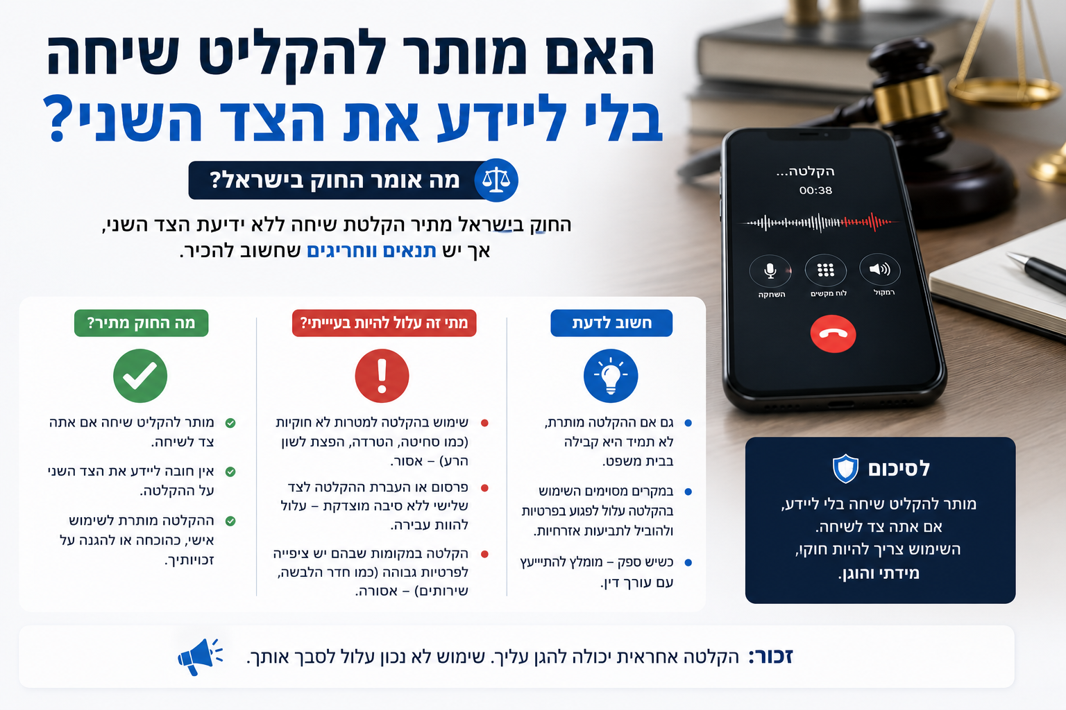 האם מותר להקליט שיחה בלי ליידע את הצד השני? המדריך המשפטי