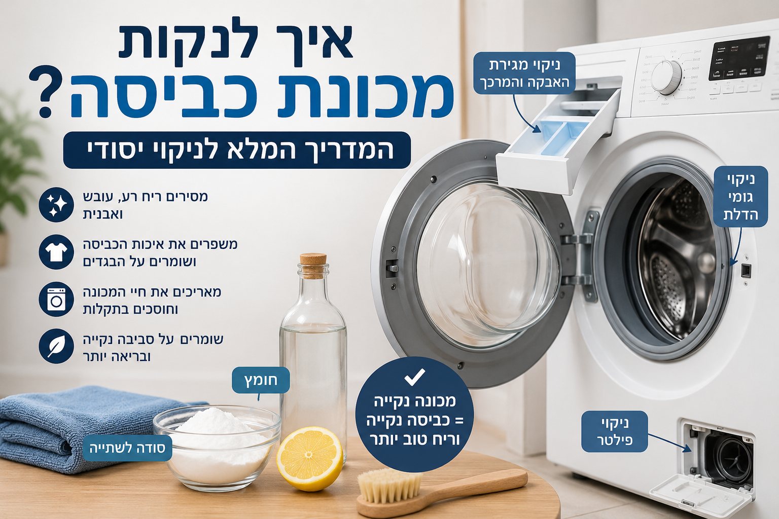 איך לנקות מכונת כביסה: המדריך המלא לניקוי יסודי, ריח טוב וכביסה נקייה יותר